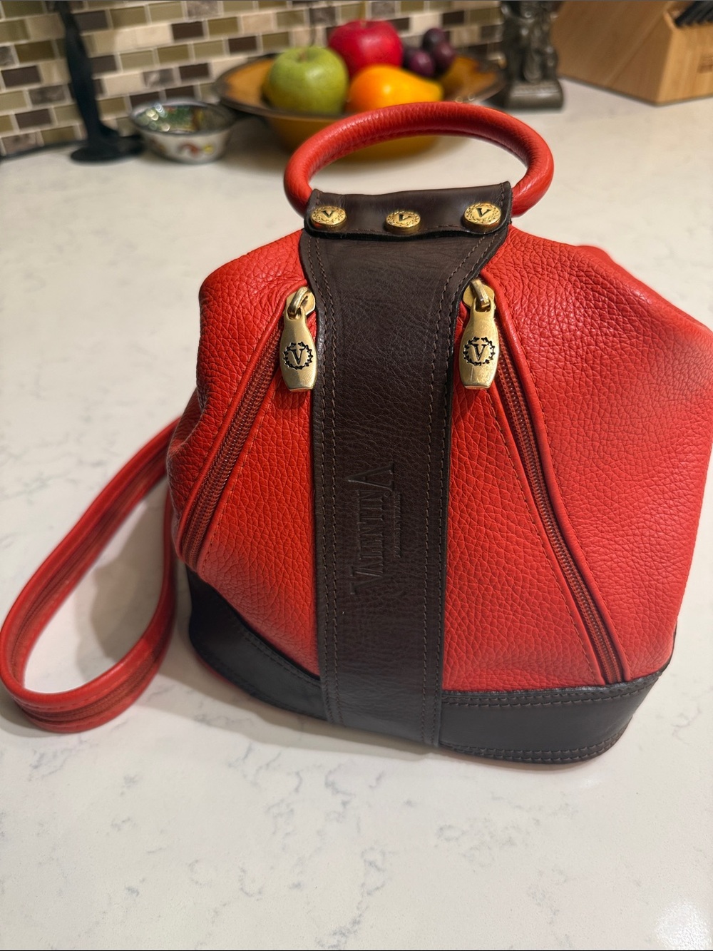 Valentina Red and Brown Pebbled Leather Mini Top-Handle Bag
